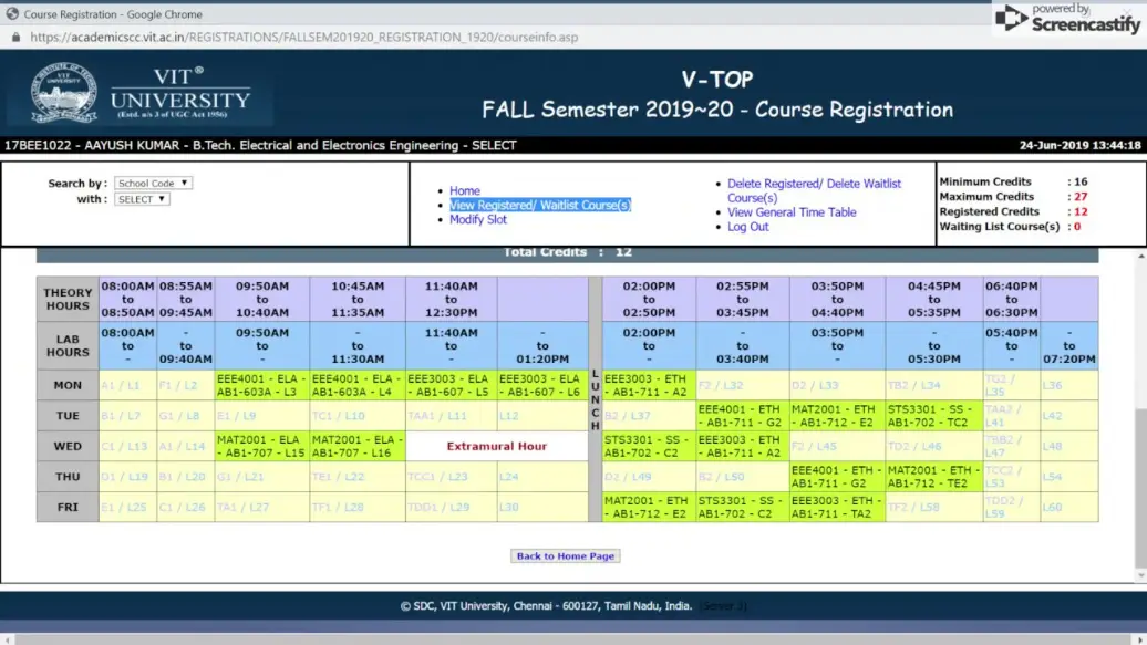 VIT FFCS Timetable