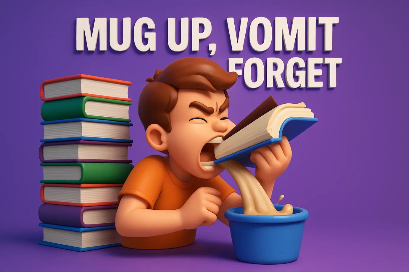 Meme-style graphic of a student cramming books, captioned ‘Mug up, vomit, forget’