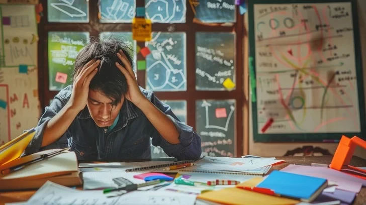 Photo of a stressed student surrounded by books in a dimly lit room, head in hands