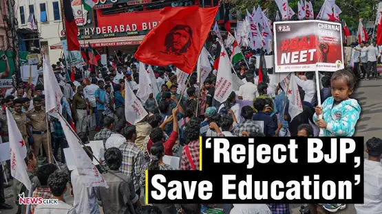 Collage of protest banners from opposition rallies vs. BJP’s NEP 2020 posters