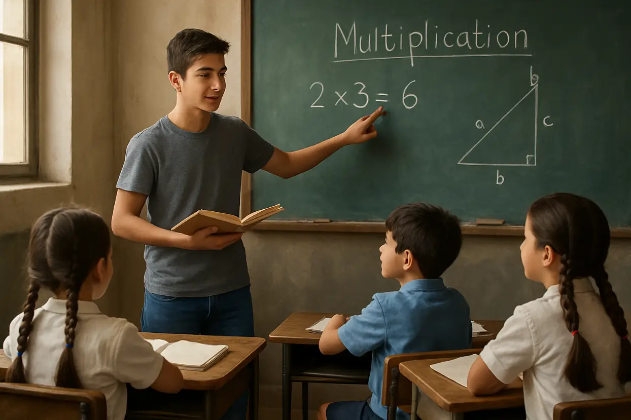 Photo of a 12th grader teaching younger students in a classroom